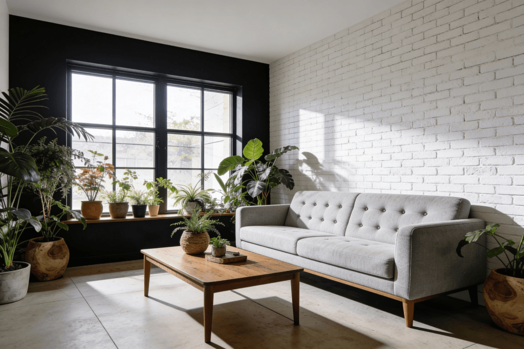 Faux brick white wallpaper Photograph of a modern minimalist living room featuring a light grey tufted sofa wooden coffee table and various plants creating a calm and inviting atmosphere