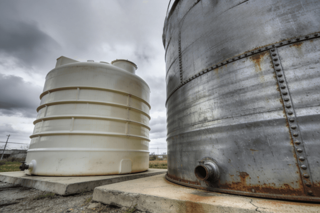 A closeup of Fiberglass and Steel Tanks