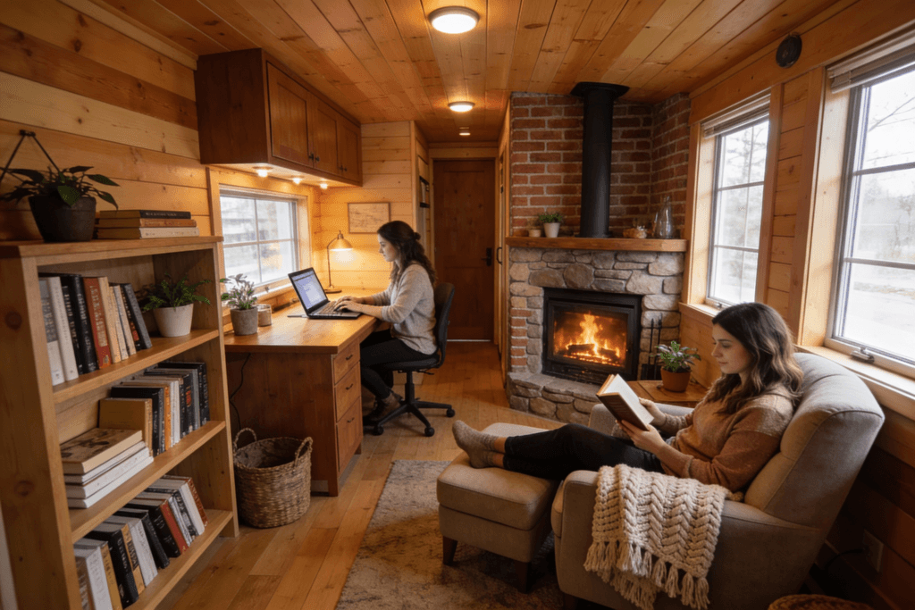 Floating shelves tiny house Photograph of two women in a cozy well organized tiny home or cabin one working on a laptop the other relaxing by a fireplace showcasing a blend of productivity and comfort