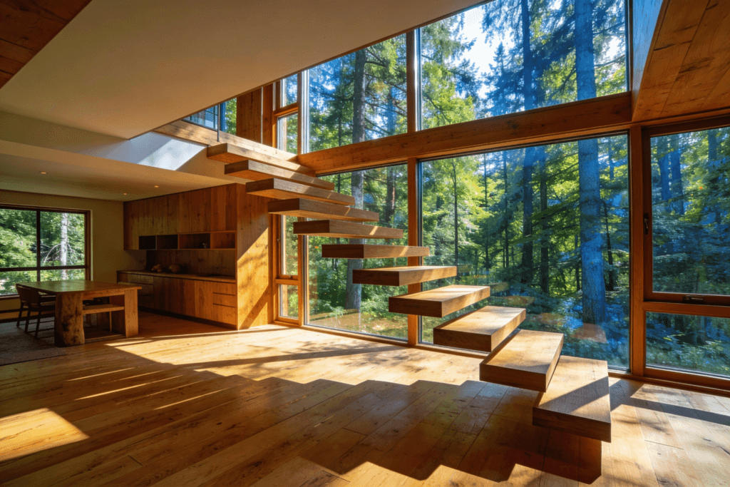 Photograph of a multi generational family enjoying a bright modern open plan living space with natural wood accents and large windows overlooking a lush forest