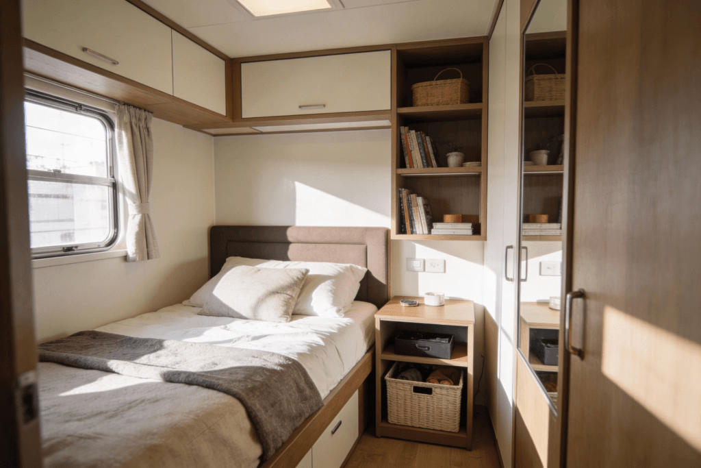 The image showcases a small bedroom interior designed to maximize floor space featuring a compact bed frame and a bedside table that doubles as storage Natural light floods the room enhancing the airy feel and creating a cozy atmosphere while clever layout tricks and built in shelving add visual interest and functionality to the limited square footage