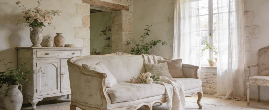 French cottage interior decor inspired by relaxed European countryside living  soft neutral and muted pastel color palette gently aged wood furniture with curved legs whitewashed finishes and vintage inspired details A cozy living space with a linen sofa delicate floral accents ceramic vases and subtle greenery Natural light filtering through sheer linen curtains light stone or plaster walls rustic wooden beams and soft layered textiles Elegant yet casual styling romantic and airy atmosphere understated luxury warm and inviting French country cottage charm high detail timeless interior scene