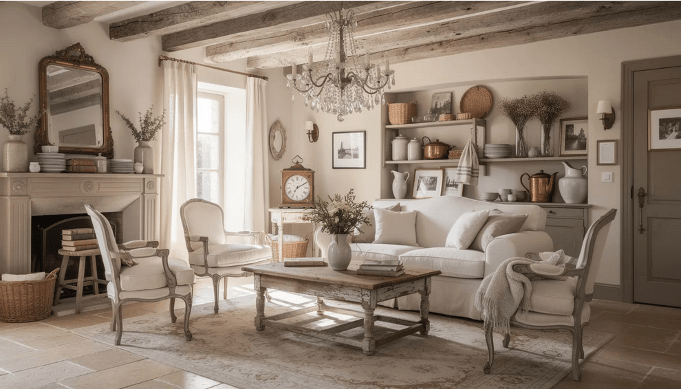 The image showcases a beautifully styled French cottage interior featuring rustic elements like weathered wood furniture and vintage decor pieces that evoke a sense of history Soft natural light filters through large windows illuminating the cozy living room adorned with elegant chandeliers and curated collections embodying the charm and warmth of French country style