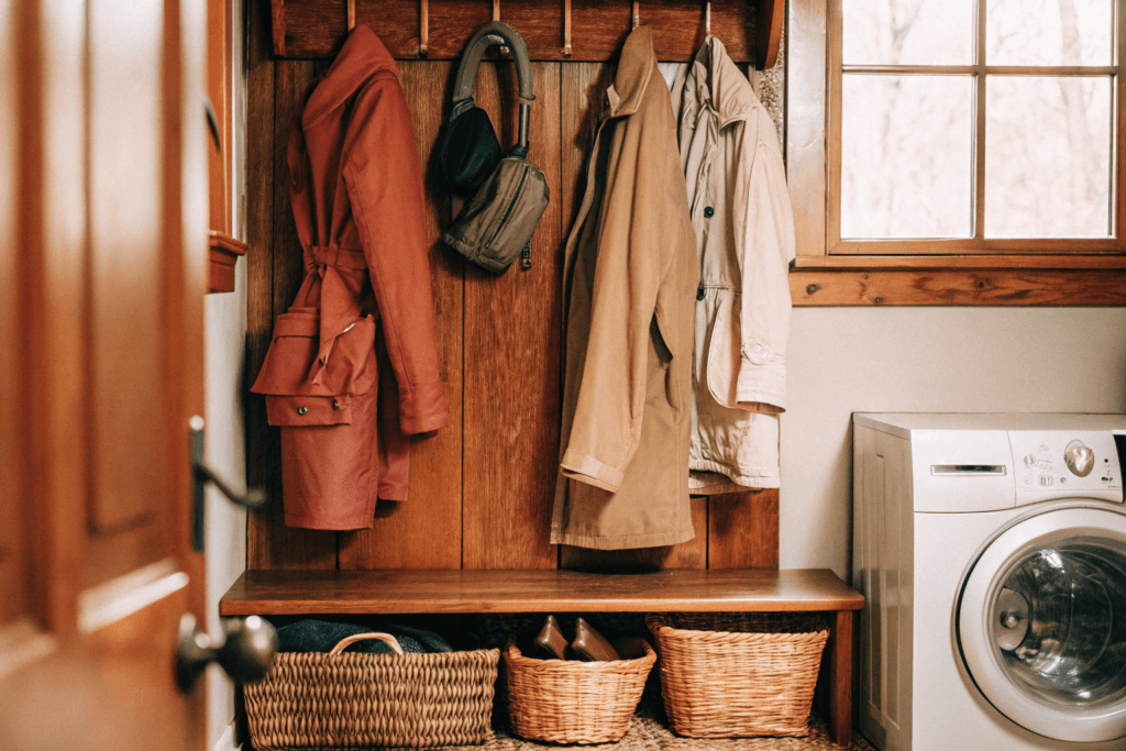 Farmhouse laundry room and mudroom with storage bench coat hooks and washerdryer