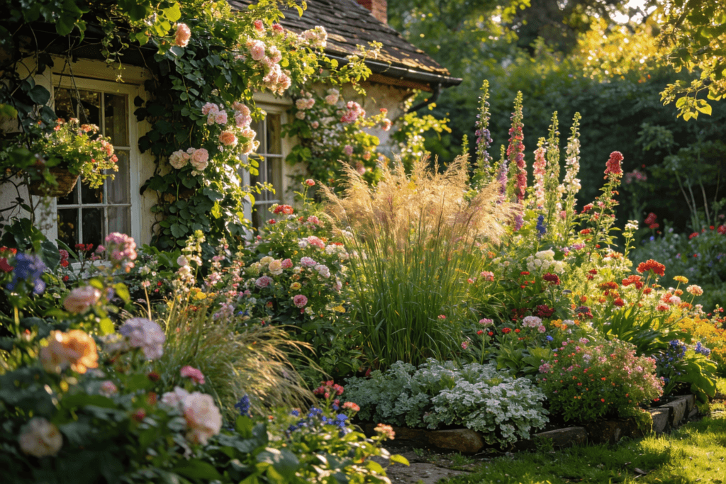 Lush cottage garden scene designed with a maximalist approach  nearly every inch of space filled with layered planting in varying heights shapes and colors overflowing flower beds mixed with ornamental grasses climbing vines and dense greenery A rich mix of blooms in soft pastels and vibrant tones tall plants rising behind mid height flowers and low ground cover for depth and texture Natural slightly wild yet thoughtfully arranged garden design immersive and abundant atmosphere romantic cottage garden style high detail sunlit and vibrant outdoor scene