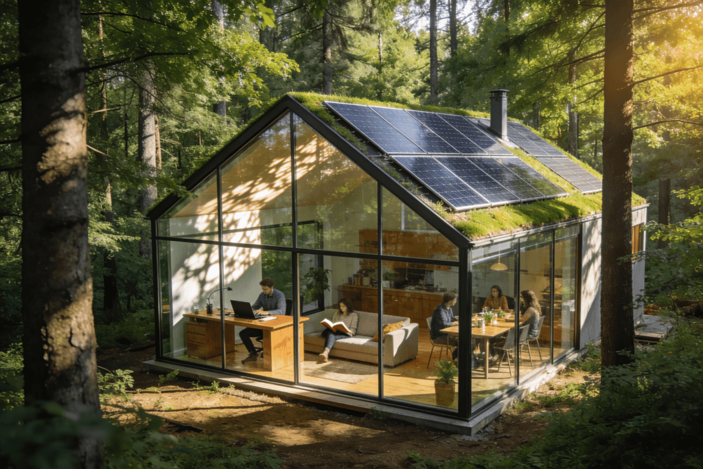 Glass box getaway Photograph of a modern glass cabin nestled in a lush forest featuring people working relaxing and socializing emphasizing sustainable living and connection with nature