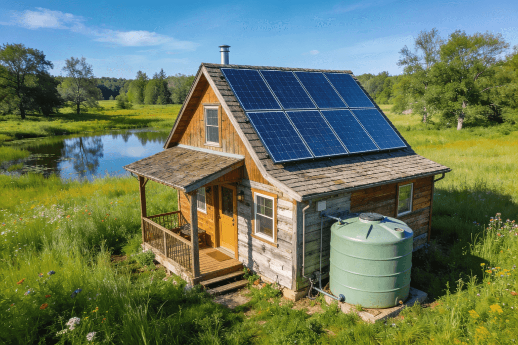Greener lifestyle tiny home Photograph of a rustic tiny house with solar panels and a rain barrel nestled in a vibrant green meadow with trees and a pond under a clear blue sky emphasizing sustainable living
