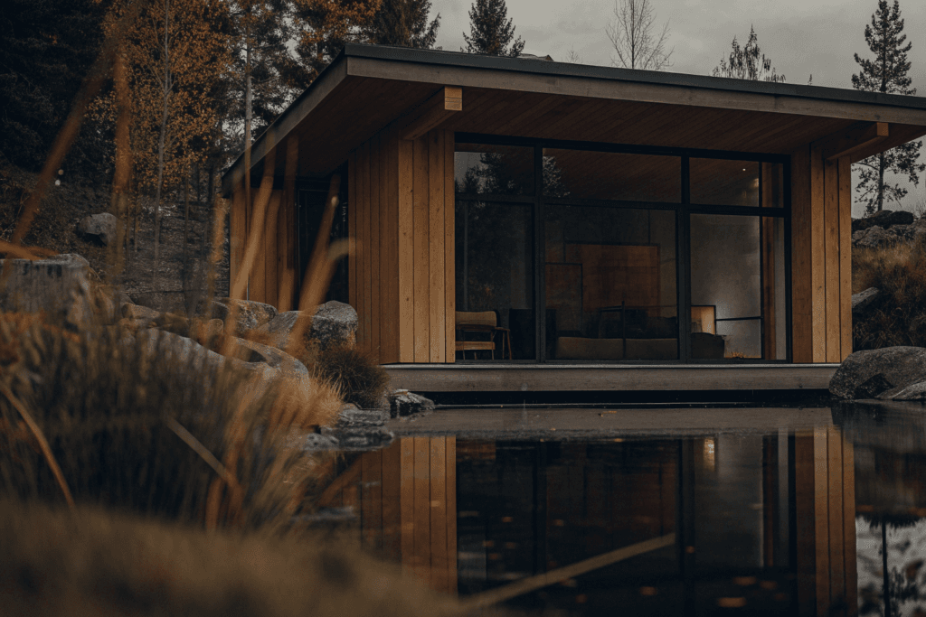 Greenhouse hybrid Photograph of a modern minimalist greenhouse home hybrid nestled in a serene natural landscape showcasing sustainable living family harmony and connection to nature