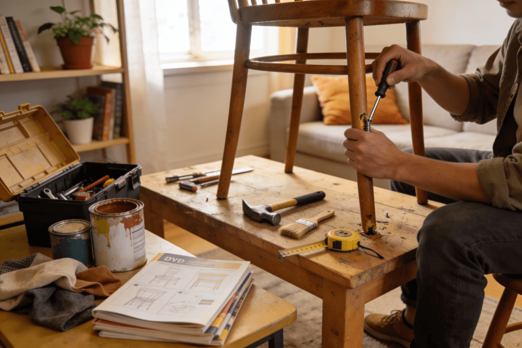 The image depicts a cozy home setting with various tools and materials laid out for DIY home maintenance projects emphasizing frugal living It showcases a person engaged in simple tasks highlighting great tips for saving money while maintaining a comfortable living space