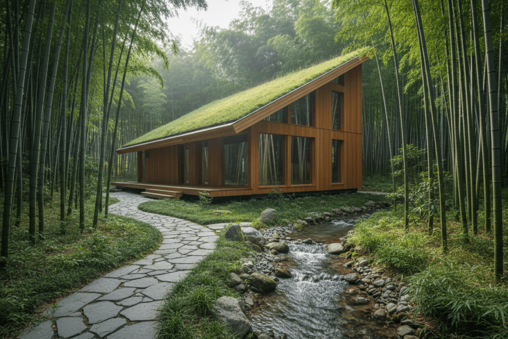 Japanese tiny house exterior Photograph of a modern minimalist wooden cabin with a vibrant green roof nestled in a lush bamboo forest featuring a stone path and a small stream evoking tranquility and sustainable living