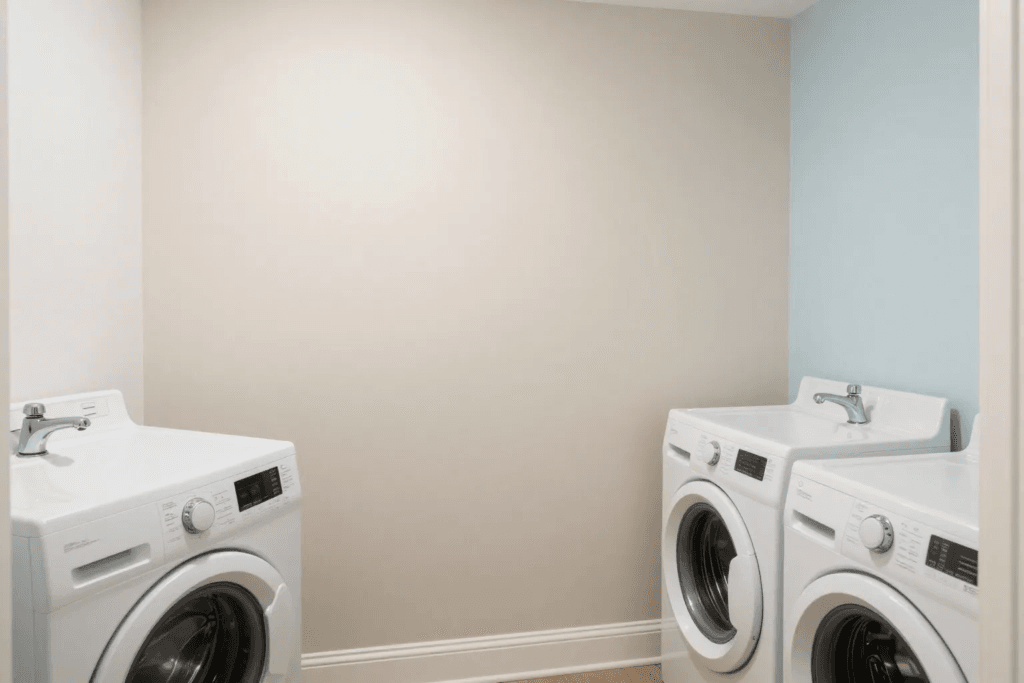 Laundry room walls painted in soft neutral colors like white beige and light blue