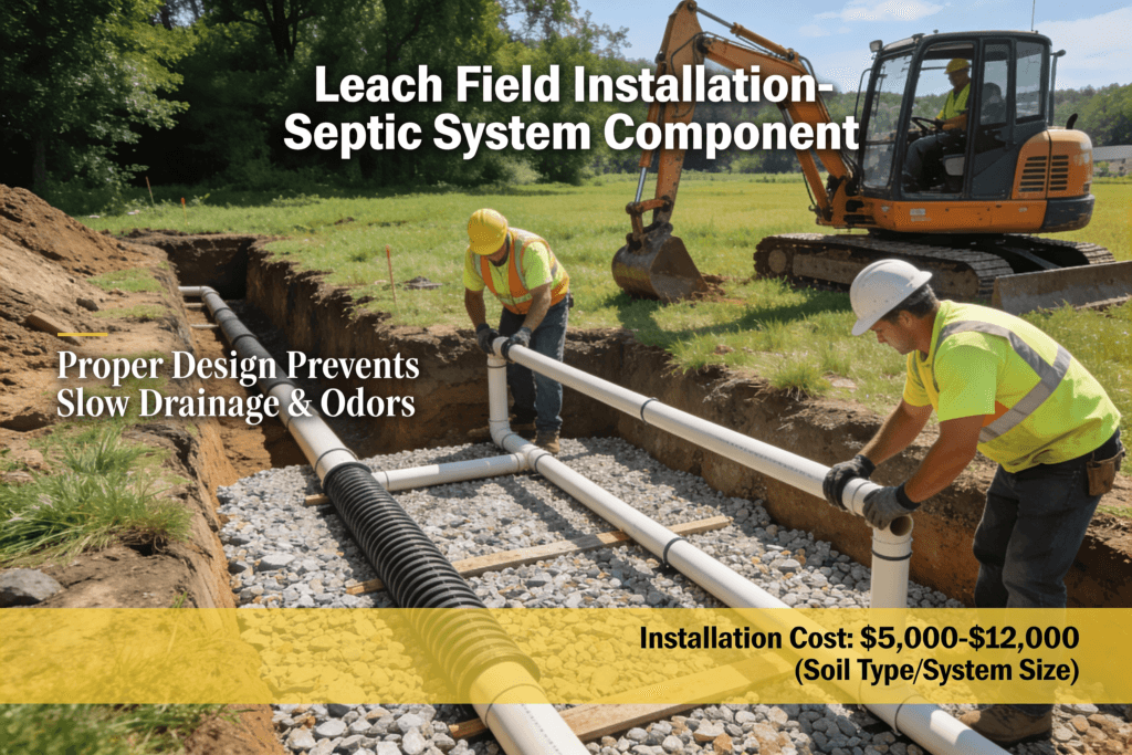 The image depicts the installation of a leach field a crucial part of a septic system that disperses treated wastewater into the soil It highlights the importance of proper design and installation to avoid issues such as slow drainage and unpleasant odors with installation costs ranging from 00 to 000 depending on various factors like soil type and system size