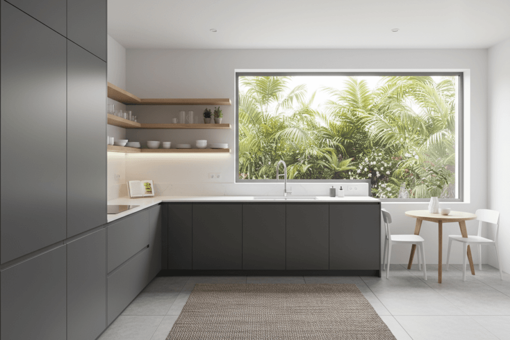 Let there be light Photograph of a modern minimalist U shaped kitchen featuring dark gray cabinetry light wood open shelving white countertops and a bright window overlooking lush greenery