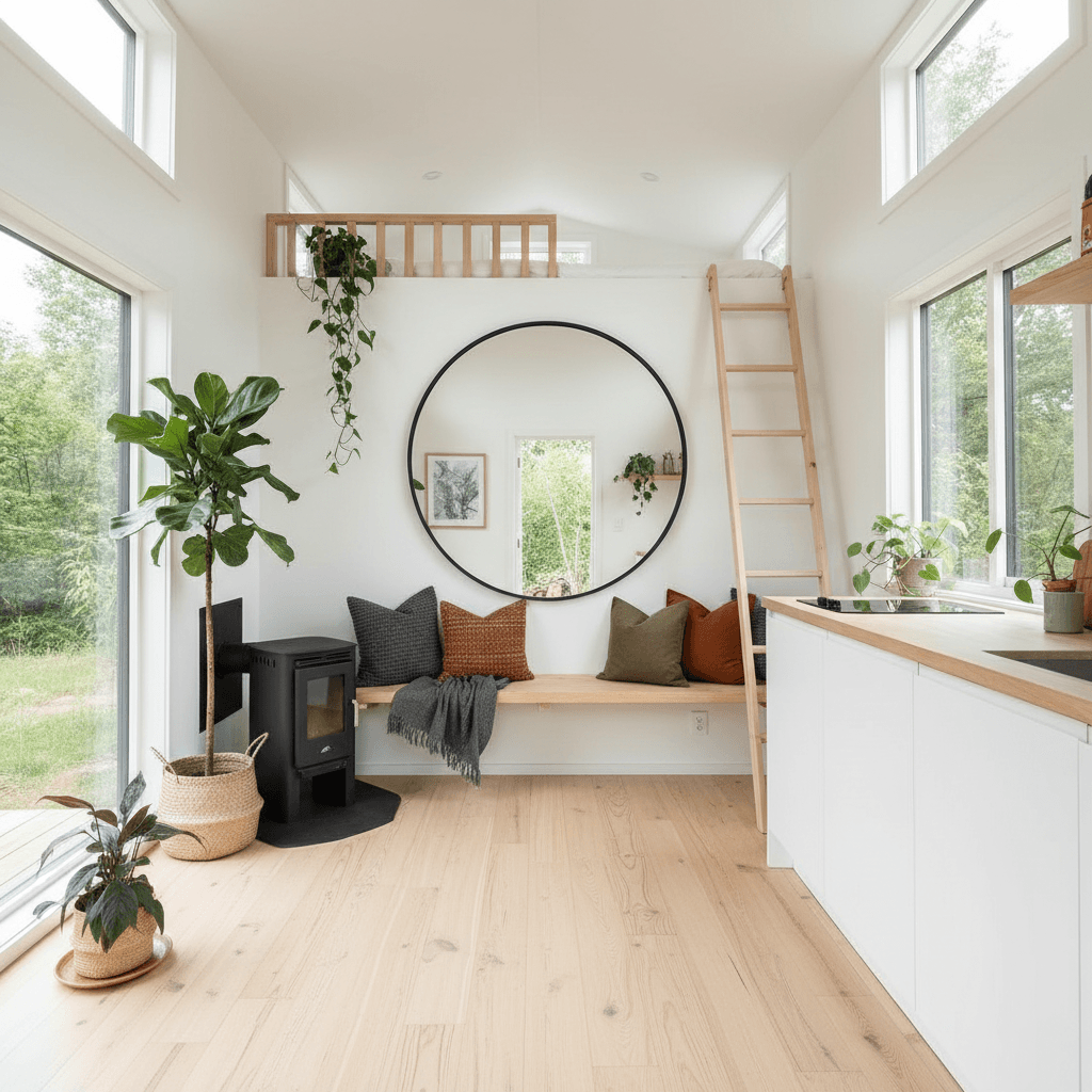 Light colors and mirrors Photograph of a bright minimalist interior space likely a tiny home featuring natural light light wood accents and lush green plants conveying modern comfort and connection to nature