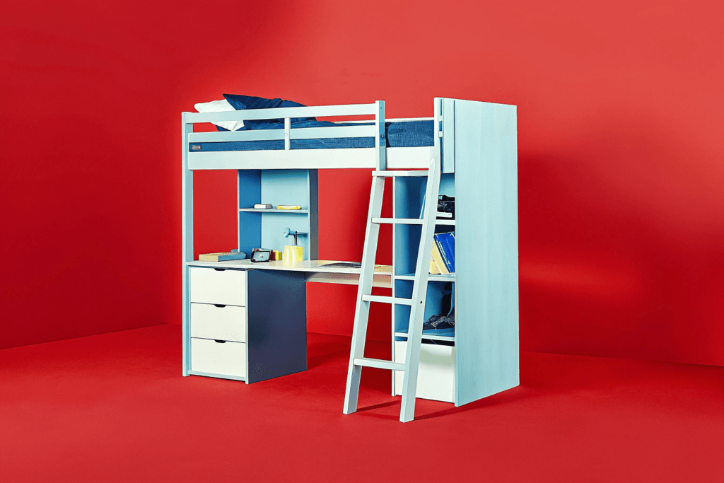 Loft bed with desk Photograph of a modern space saving loft bed with an integrated wooden desk creating a functional and minimalist bedroom or study area with natural light