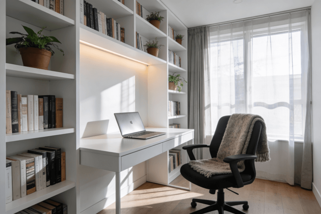 Look up shelving idea Photograph of a bright minimalist home office or reading nook featuring a desk armchair and extensive shelving designed for productivity and relaxation
