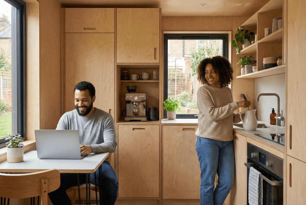 Making walls work Photograph of a diverse couple in a modern compact wooden kitchen one working on a laptop the other preparing drinks conveying a sense of cozy efficient living