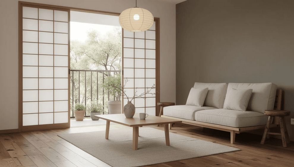 The image depicts a modern Japanese style apartment interior showcasing a minimalist design with light wood furniture and large windows that flood the space with natural light The elegant layout emphasizes a connection to nature and incorporates elements of Wabi Sabi creating a calm and functional living environment