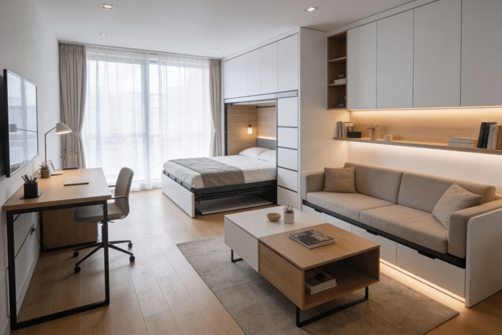 Multifunctional furniture Photograph of a modern minimalist living space featuring a convertible coffee tabledesk a sofa and a wall bed emphasizing smart compact living and natural light