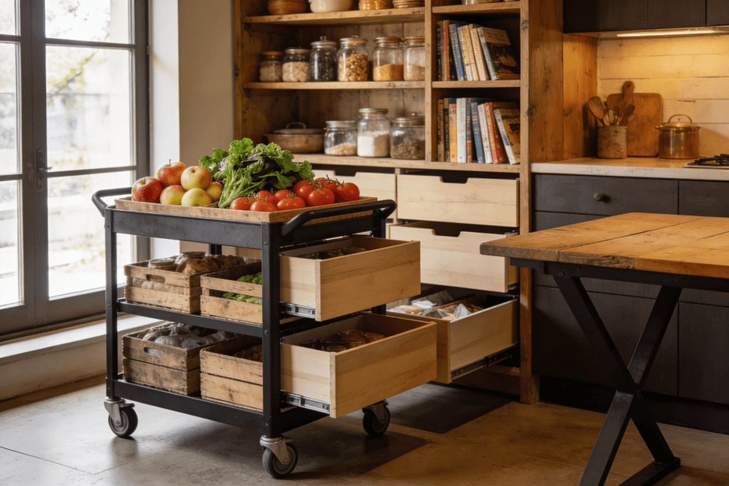 Multifunctional furniture 2 Photograph of a modern rustic kitchen or pantry featuring a mobile utility cart with fresh produce wooden shelves and space saving furniture conveying organized and natural living