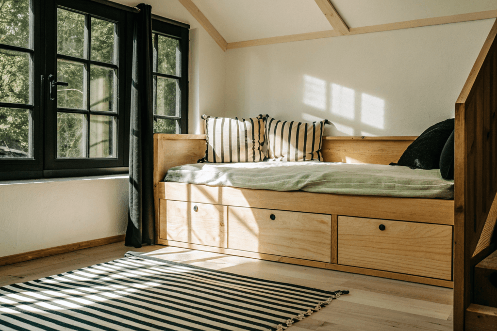 Multitasking furniture Photograph of a cozy minimalist room featuring a wooden daybed with storage a matching storage bench and natural light highlighting functional and aesthetic living