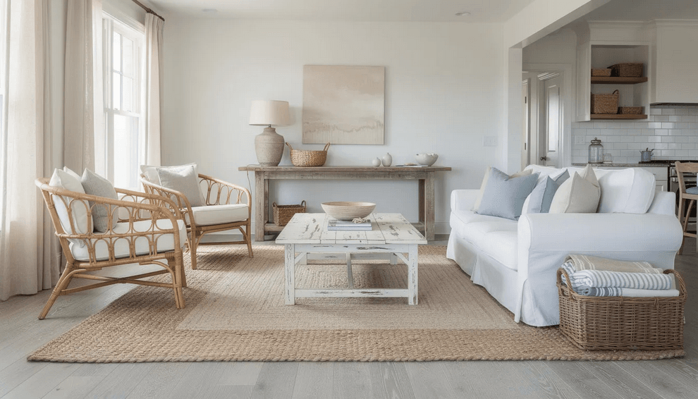 The image showcases a cozy beach cottage interior featuring natural textures and materials including rattan chairs and wicker baskets that add warmth to the space Layered jute rugs and distressed wooden furniture create a charming coastal living atmosphere enhanced by crisp white walls and soothing blue accents