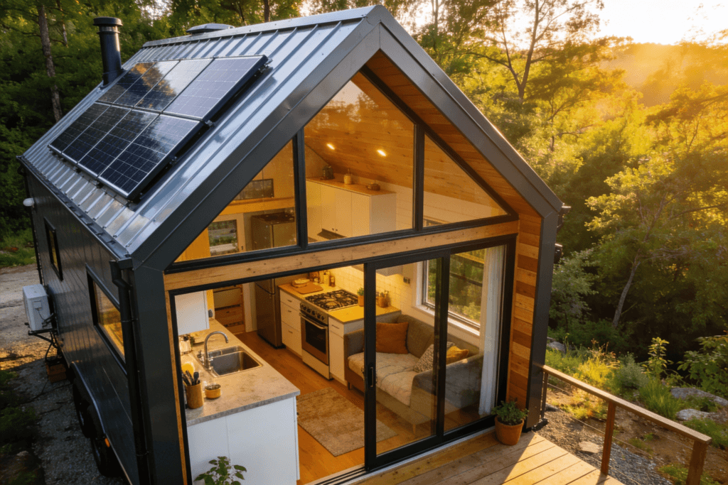 The image depicts a modern off grid tiny house surrounded by nature featuring a sleek metal roof and solar panels on the exterior This self sufficient tiny home is designed for energy efficiency showcasing a compact layout with a fully equipped kitchen and cozy living space perfect for sustainable living