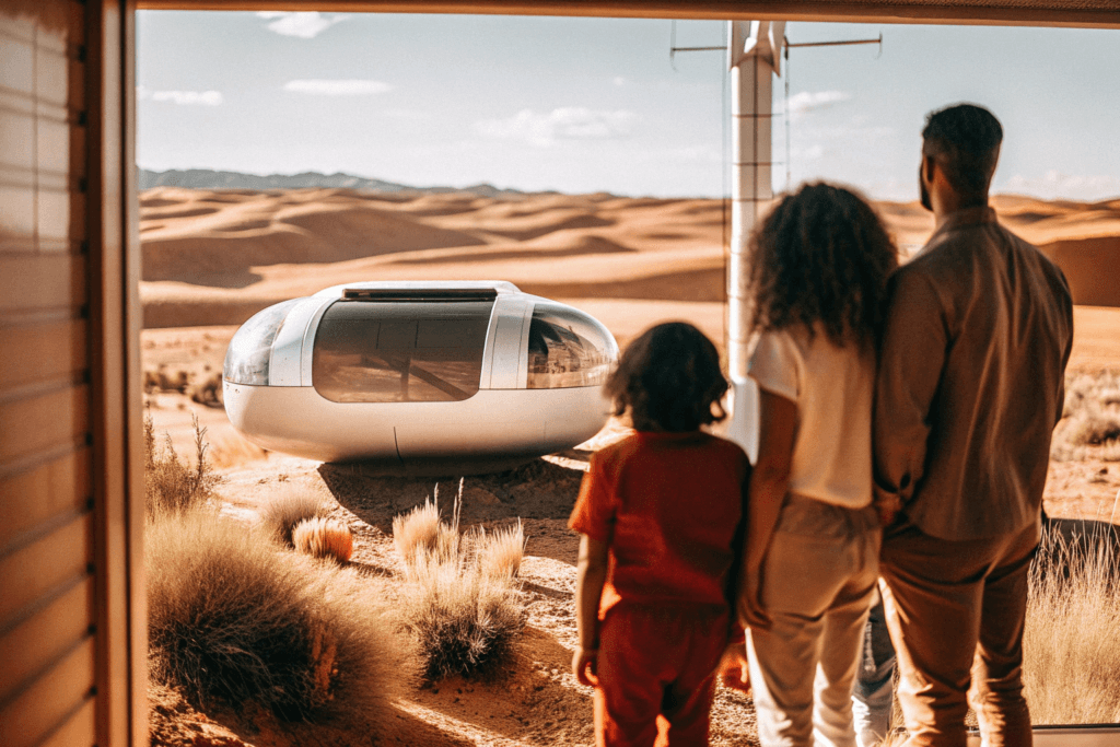 Offgrid pod Photograph of a family observing a futuristic solar powered pod like dwelling in a vast arid desert landscape under a clear blue sky suggesting sustainable off grid living and exploration