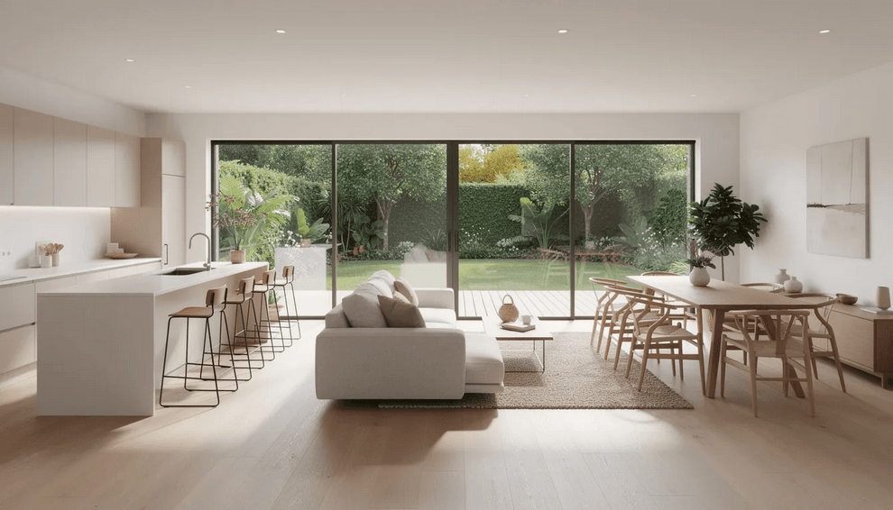 The image depicts a modern Japanese style apartment featuring an open plan layout with large windows that invite natural light creating a harmonious flow between the living room and other areas Light wood elements and minimalist furniture enhance the elegant and calming atmosphere while views of cherry blossoms outside connect the interior to nature