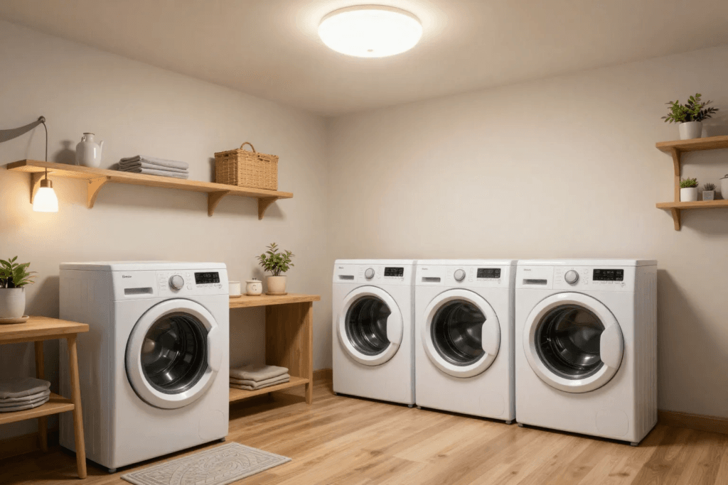 Bright overhead lighting and lamps illuminating Bloxburg laundry room