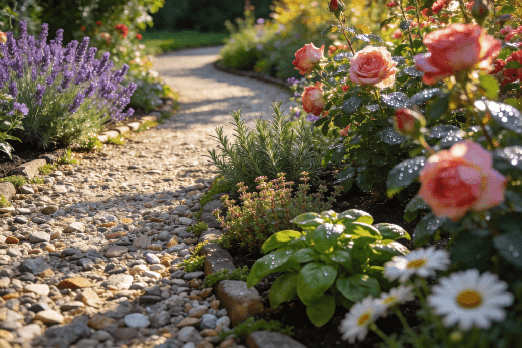 Romantic cottage garden pathway scene featuring a gently winding gravel path leading through lush planting beds bordered by colorful flowering plants and fragrant aromatic herbs such as lavender rosemary and thyme Soft natural curves in the walkway dense greenery and layered blooms on both sides creating a welcoming and immersive garden journey Sunlit peaceful atmosphere slightly wild yet carefully designed cottage garden style rich natural textures high detail serene and inviting outdoor garden scene