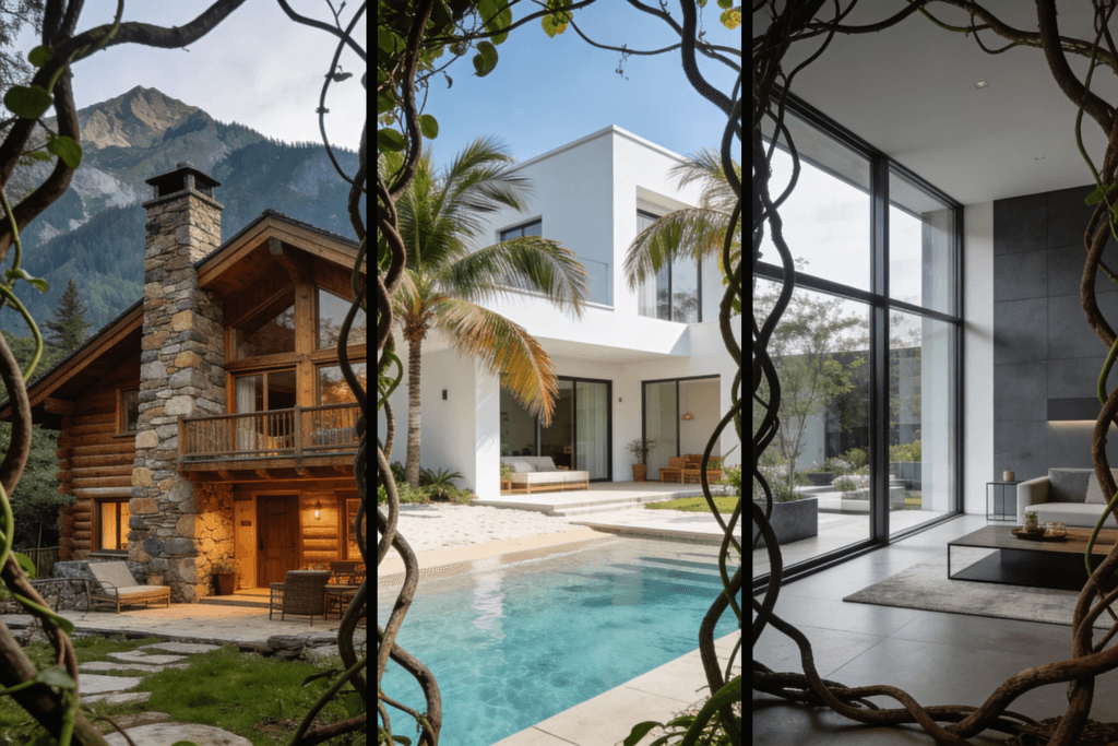 Personalized tiny house themes Illustration showcasing three distinct aspirational lifestyle concepts a cozy mountain cabin a tropical beach house and an urban minimalist oasis each framed by organic vines