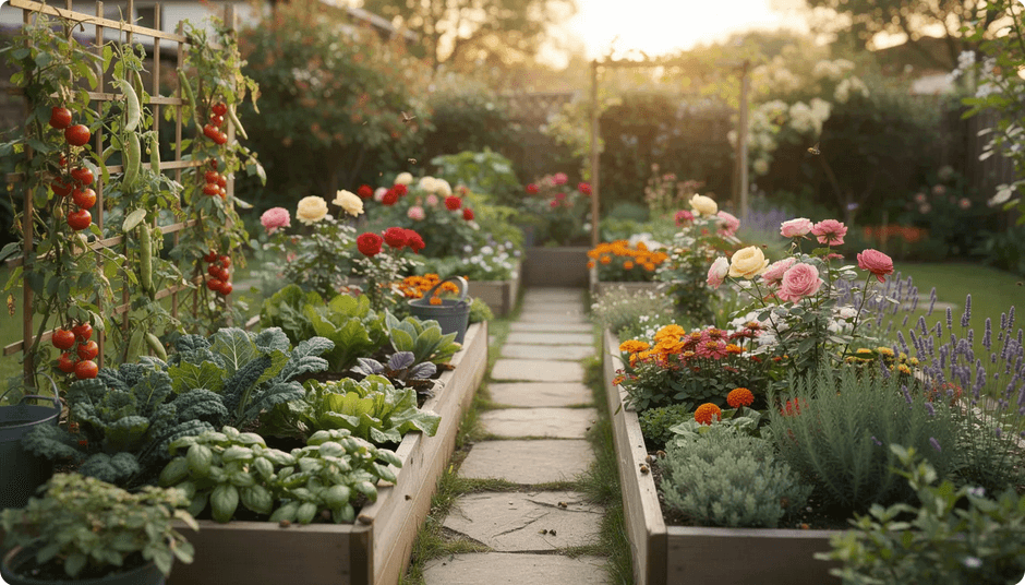 The image depicts a vibrant traditional cottage garden where a mix of vegetables herbs and climbing roses flourish alongside colorful flowers creating an attractive and functional space Lush foliage and aromatic plants fill the garden beds bordered by a charming picket fence inviting both gardeners and pollinators alike