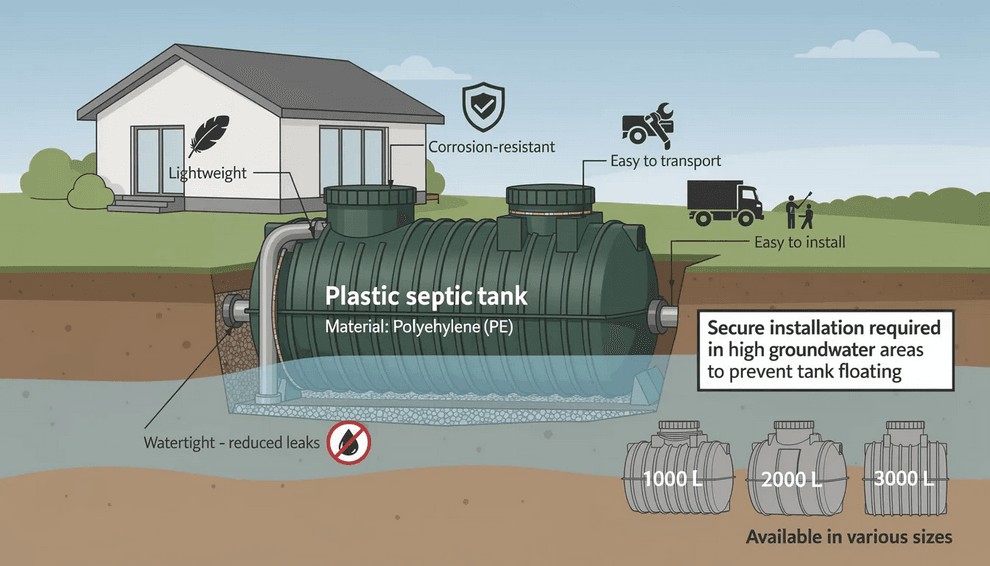 The image shows a lightweight plastic septic tank made from durable polyethylene designed for easy installation in a small septic system Its watertight construction ensures effective containment of wastewater making it suitable for various household needs while minimizing the risk of leaks