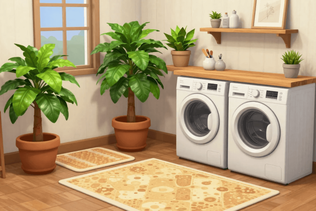 Potted plants and cozy rugs adding warmth and personality to Bloxburg laundry room