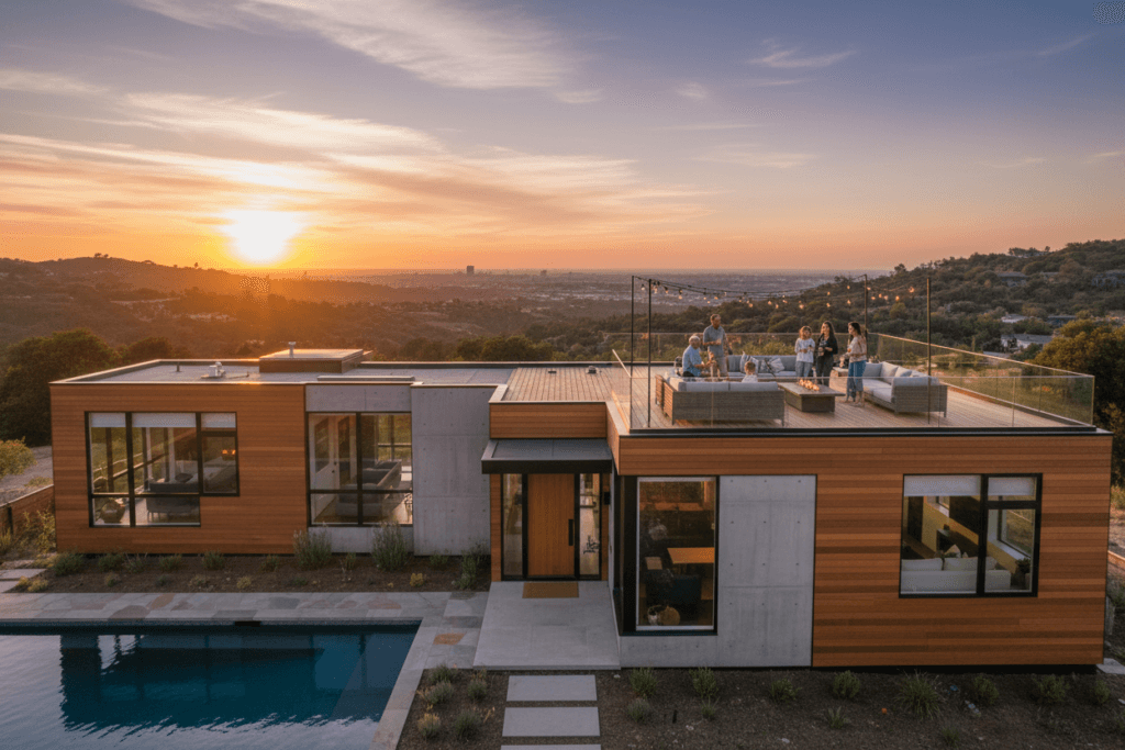 Rooftop deck rover Photograph of a modern modular home with a rooftop deck where a multi generational family enjoys a sunset gathering highlighting contemporary living and outdoor entertainment