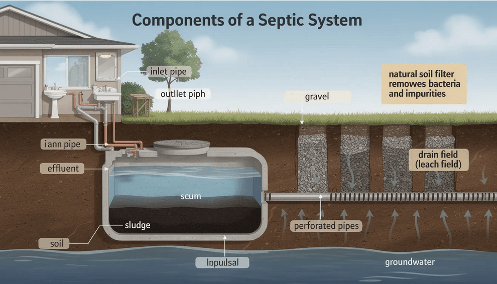 The image depicts the essential components of a septic system including a concrete septic tank connecting pipes and a gravel filled drain field This system effectively processes household wastewater with the tank collecting human waste and allowing for the natural filtration of effluent through the soil in the drain field