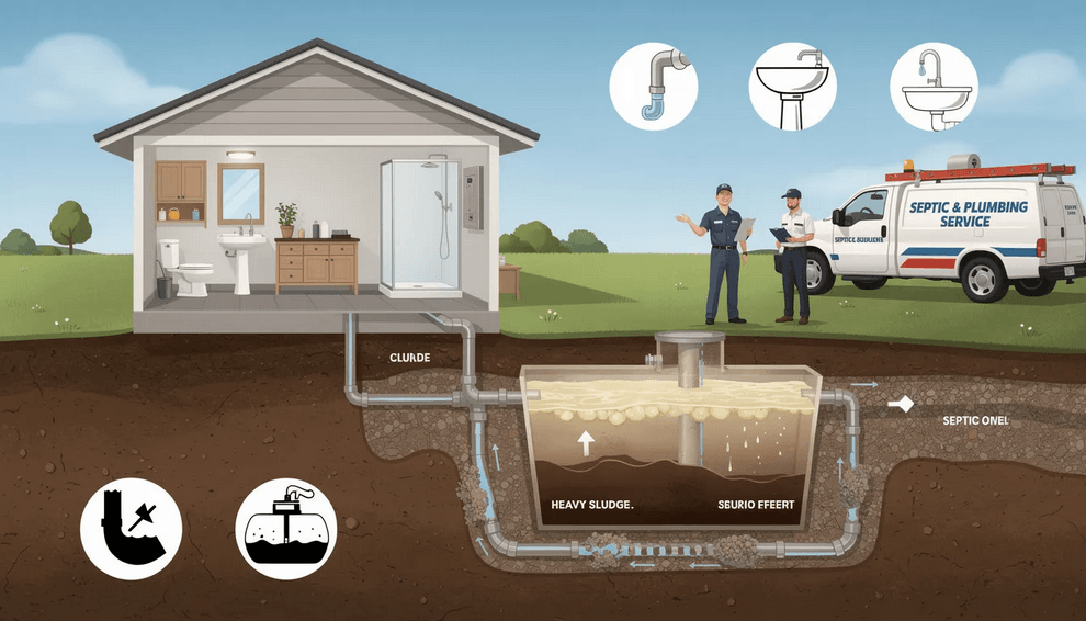The image depicts a detailed diagram of a septic system illustrating the components such as the septic tank drain field and plumbing connections from toilets sinks and showers This visual representation emphasizes the importance of regular septic tank inspections and pumping to maintain an efficient and reliable septic system for residential properties