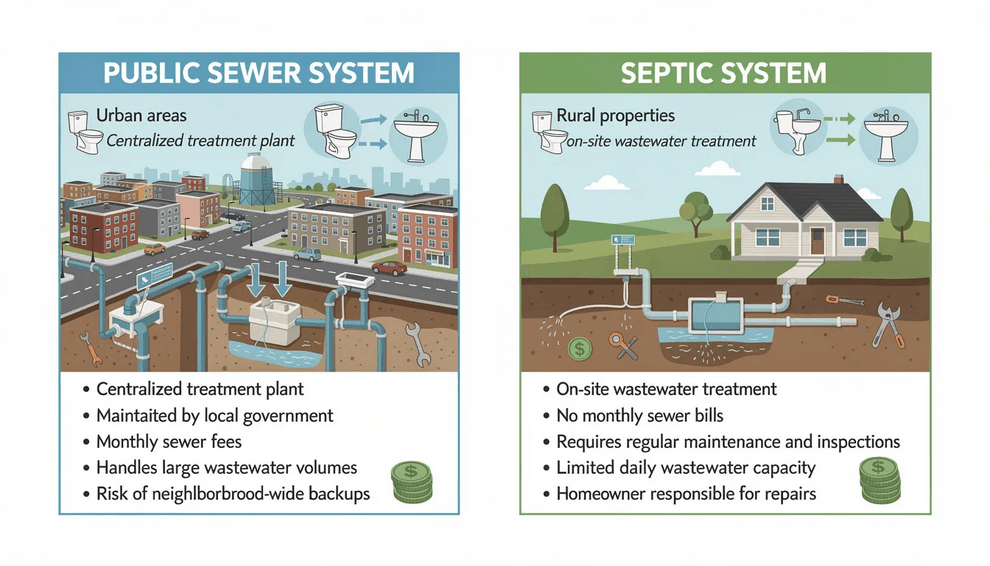The image illustrates a comparison between public sewer systems and septic systems highlighting the features of each It shows a diagram with urban areas connected to municipal sewer lines and rural properties utilizing septic tank systems emphasizing the maintenance costs independence and potential drawbacks such as sewage backups associated with each wastewater treatment method