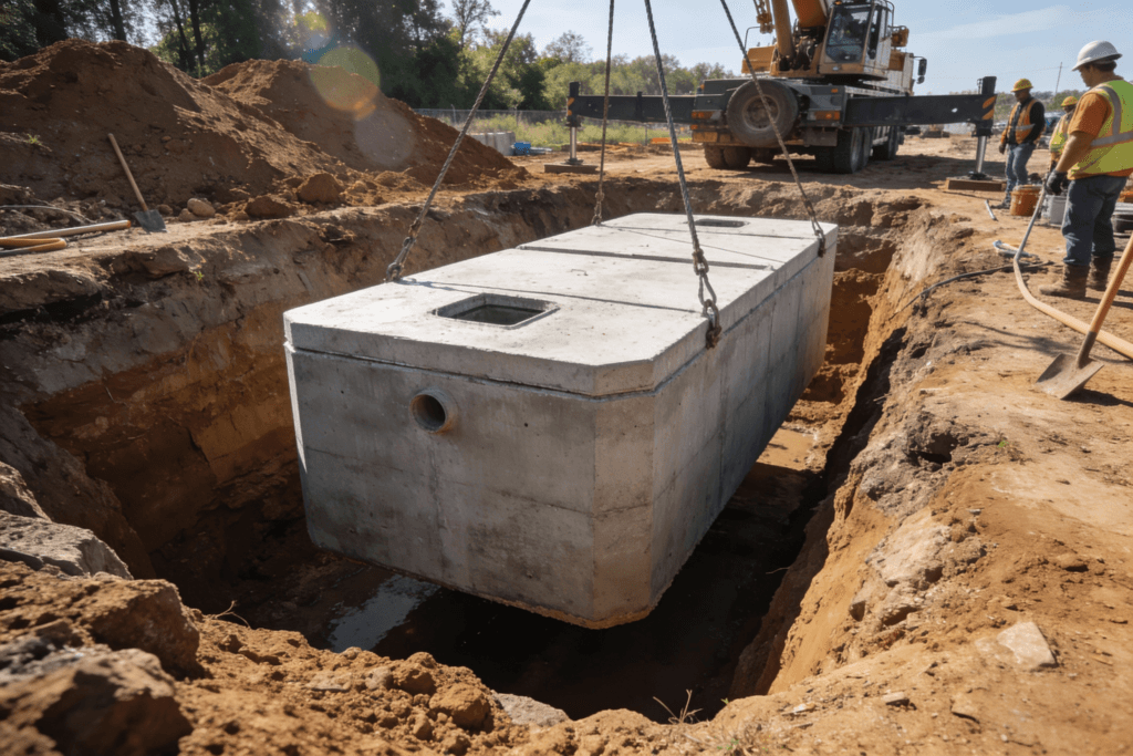 The image depicts a septic tank installation site showcasing a large concrete septic tank being lowered into a dug out area This essential component of a septic system is designed to treat wastewater by separating solids and liquids preventing contaminants from entering the leach field