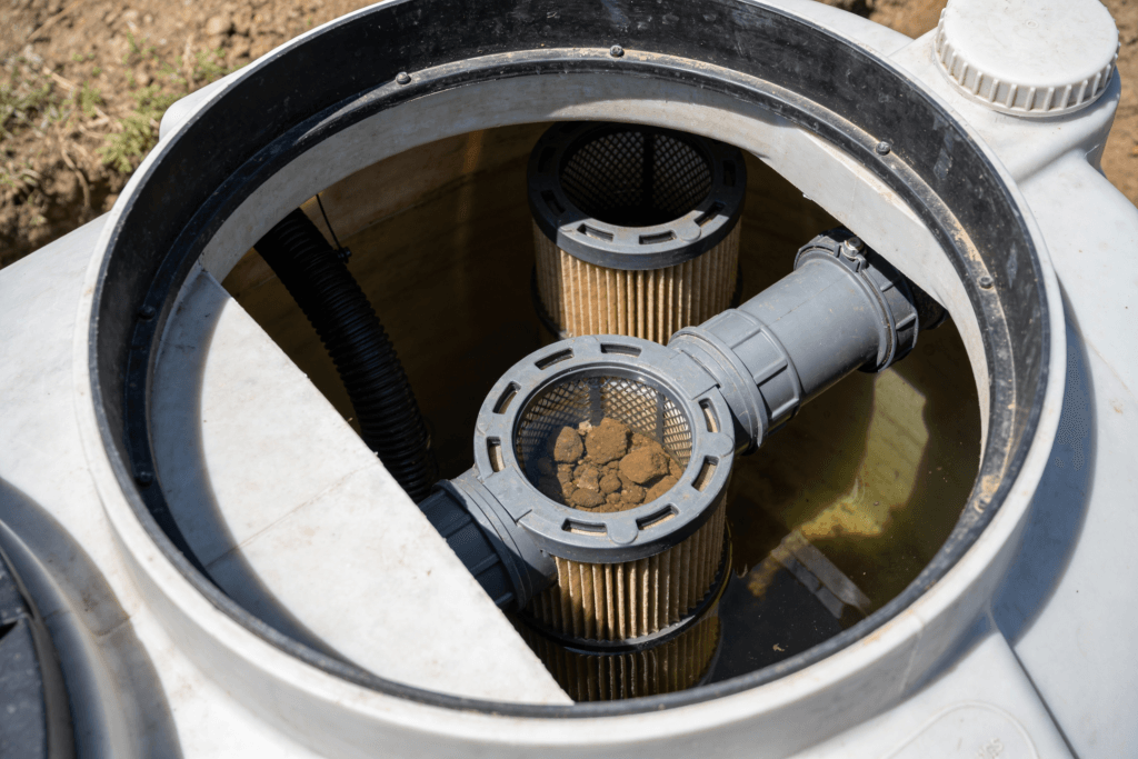 The image depicts a septic tank system featuring effluent filters which are essential for preventing solids from clogging the drain field These septic tank filters are installed at the outlet baffle ensuring proper functioning of the septic system and extending its lifespan by protecting against potential system failure