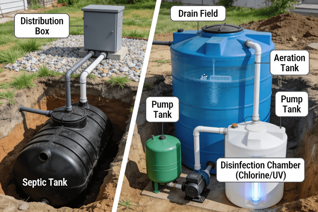The image illustrates the two main types of septic systems anaerobic and aerobic It highlights the differences between these systems which are essential for proper septic tank installation and maintenance ensuring effective wastewater management in various properties