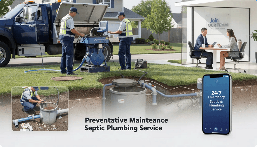 The image depicts a professional technician performing routine maintenance on a septic system including septic tank pumping and inspections The technician is carefully inspecting the drain field area ensuring the plumbing system functions efficiently and preventing future issues for the homeowners