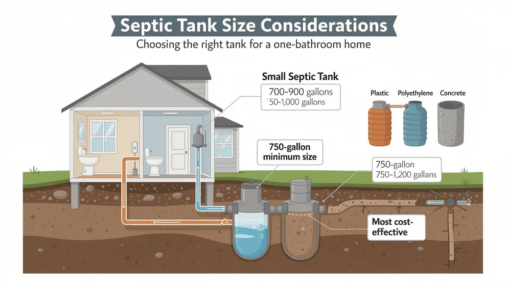 The image depicts a variety of small septic tanks including plastic and concrete options designed for one bathroom homes These tanks range from 750 to 1200 gallons showcasing the importance of selecting the right septic tank size to effectively treat wastewater and prevent overflow