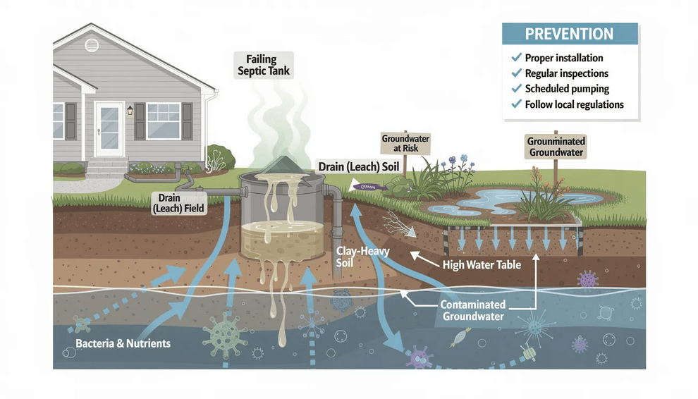 The image depicts a malfunctioning septic tank system showing pooling water around the drain field which indicates potential groundwater contamination This scenario highlights the environmental impact of improperly maintained septic systems including risks of leaking untreated wastewater and foul odors