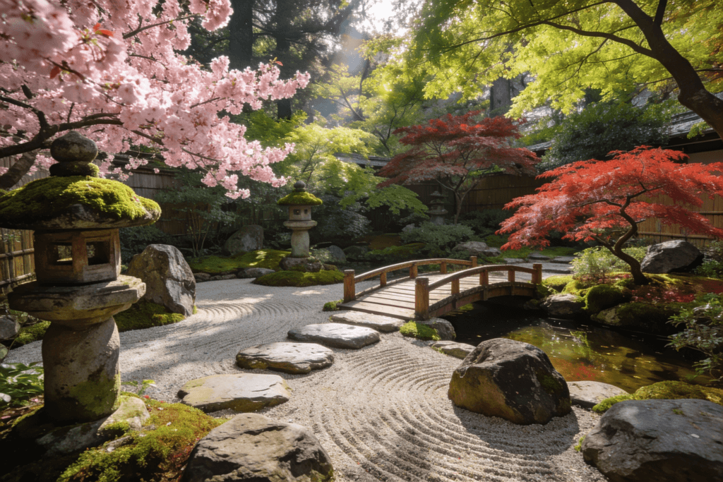 The image depicts a serene small Japanese garden featuring traditional elements such as raked gravel stepping stones and carefully placed larger rocks embodying the essence of Japanese garden design Cherry blossoms and Japanese maples add vibrant color while the arrangement of plants and natural elements creates a tranquil outdoor space that reflects the rich cultural heritage of Japan