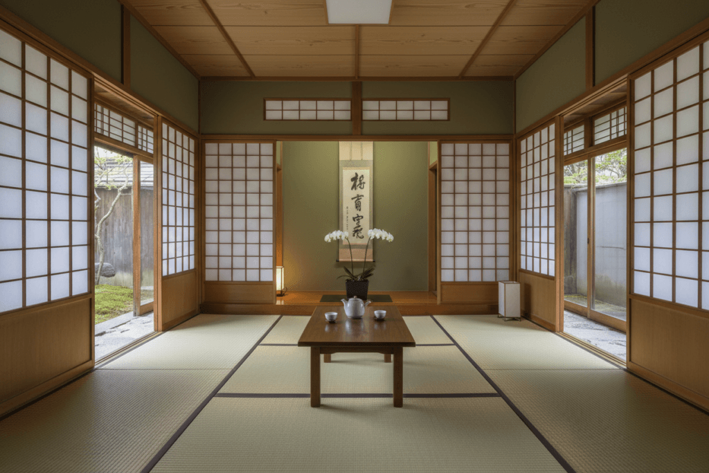 Shibui concept room Photograph of a minimalist Japanese style room featuring a low wooden table tatami mats shoji screens and an orchid conveying tranquility and traditional elegance