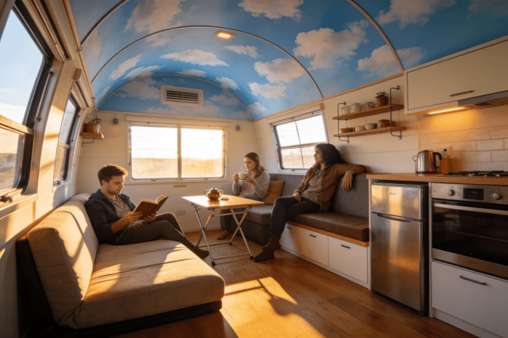 Sky blue on the ceiling Photograph of three people relaxing in a modern cozy tiny home with a unique cloud painted arched ceiling showcasing compact living and comfort