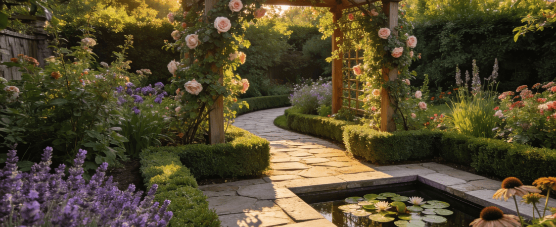 A cozy small garden with a pond