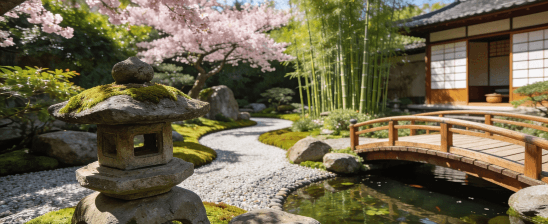 A cozy small Japanese garden with a bridge